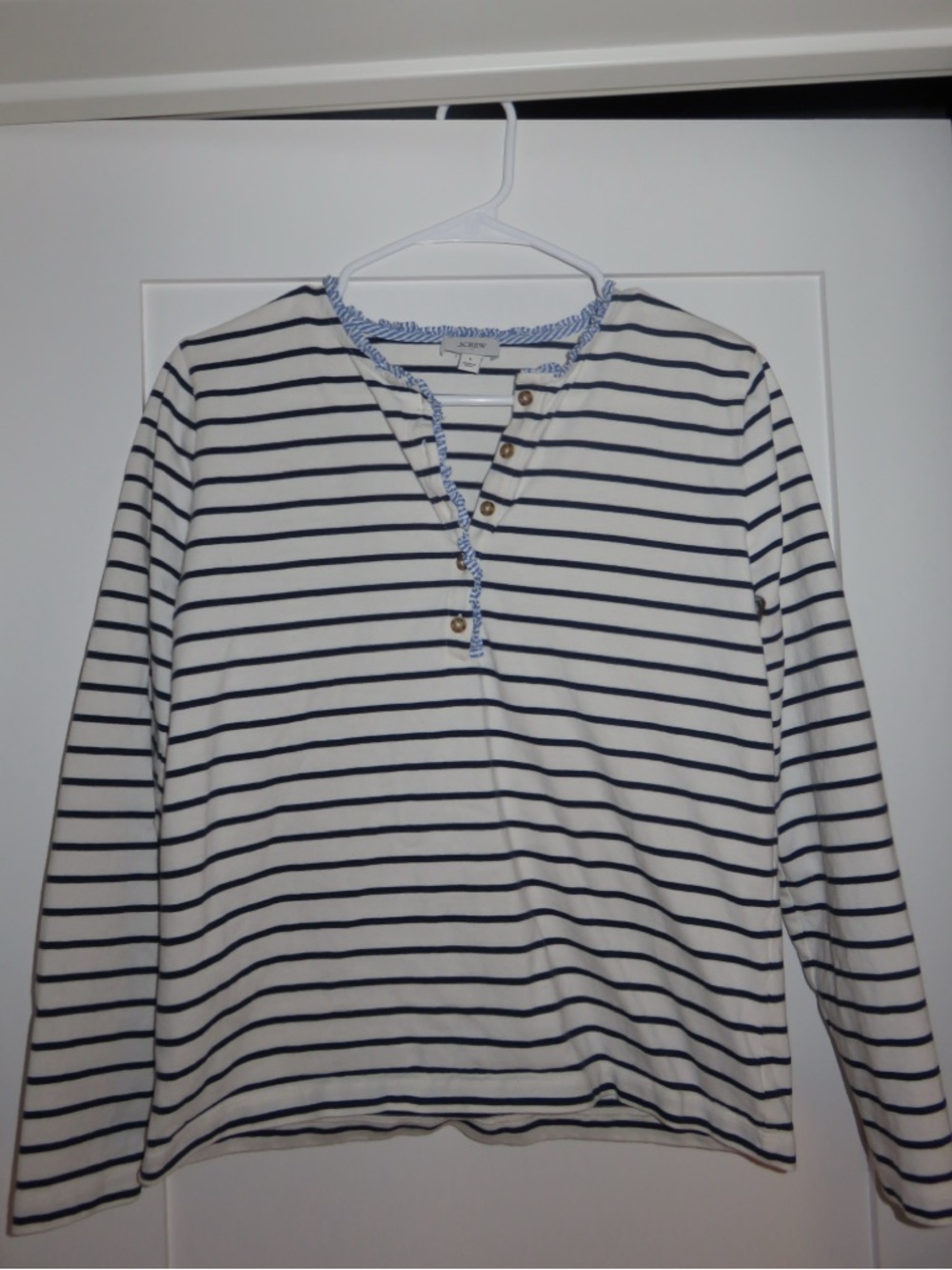 NWOT J. Crew White and Navy Striped Ruffle Henley